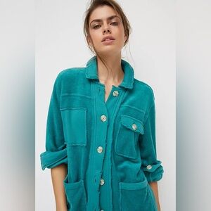 Anthropologie Teal Button-Front Terry Shacket